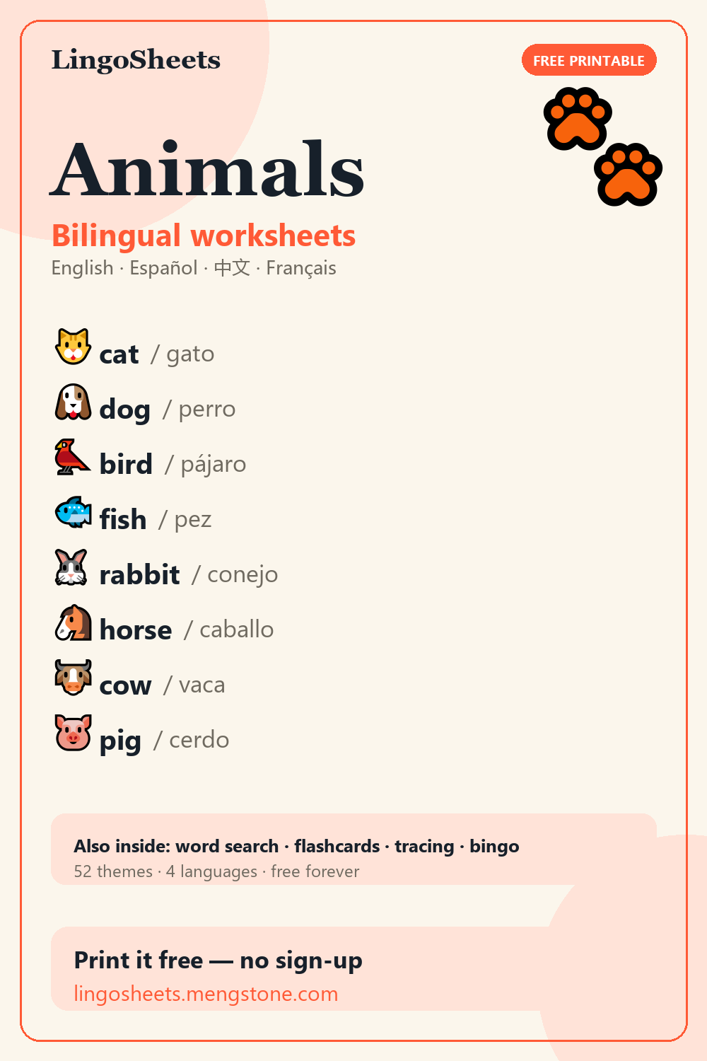 LingoSheets Animals bilingual vocabulary pin
