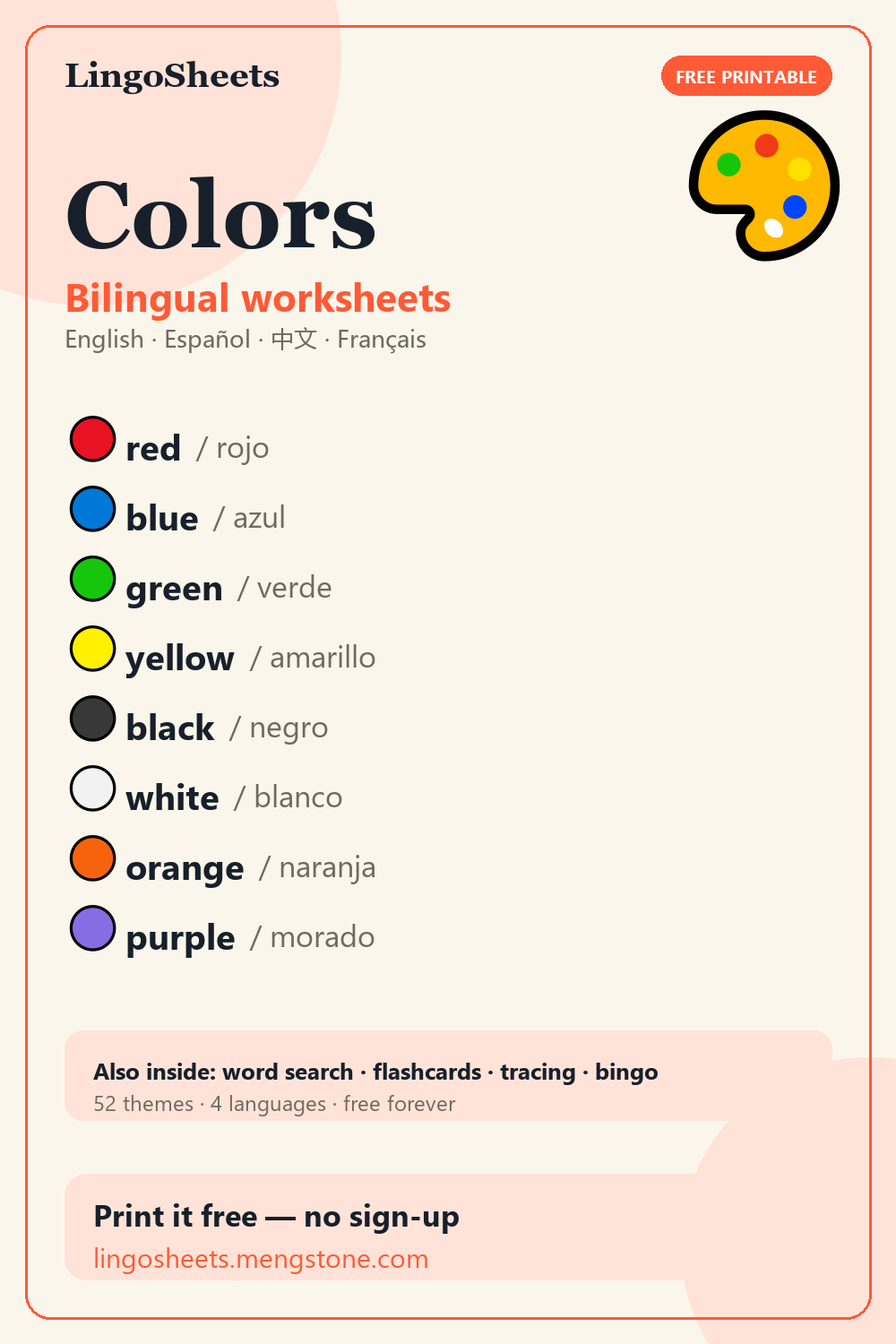 LingoSheets Colors bilingual vocabulary pin