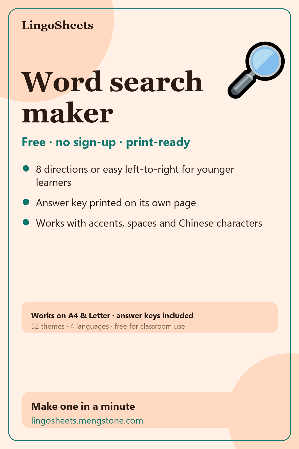 LingoSheets word search maker pin